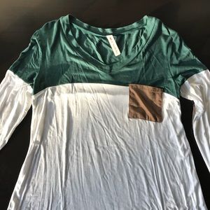 Boutique Teal/White Color-Block Tunic, Suede Elbow